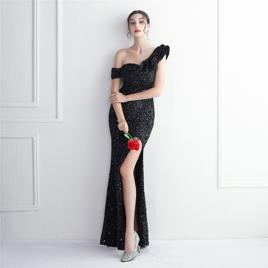Shoulder Evening Sleeveless Ruffle Slit Mermaid Sequin Gown Plain One