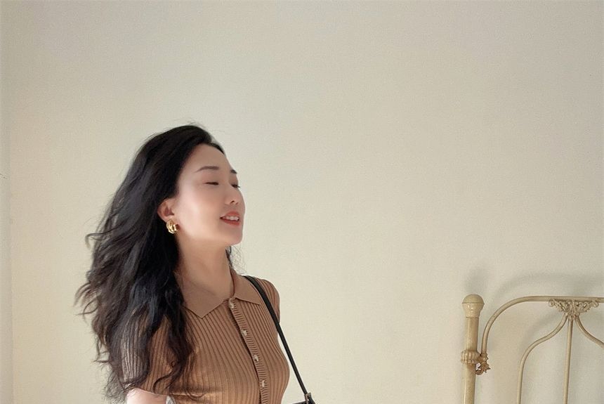 Sheath Midi Short-Sleeve Plain Polo Dress Knit