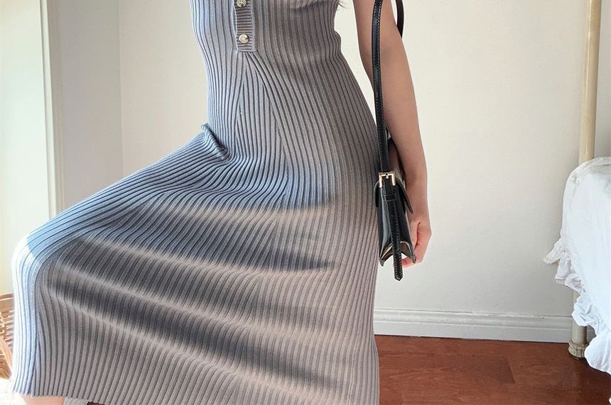 Sheath Midi Short-Sleeve Plain Polo Dress Knit