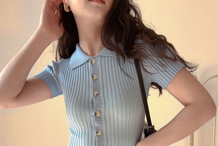 Sheath Midi Short-Sleeve Plain Polo Dress Knit