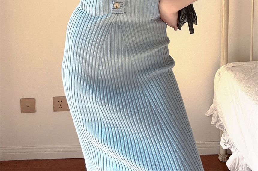 Sheath Midi Short-Sleeve Plain Polo Dress Knit