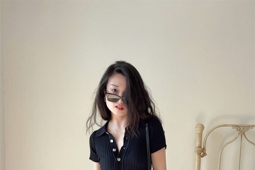 Sheath Midi Short-Sleeve Plain Polo Dress Knit