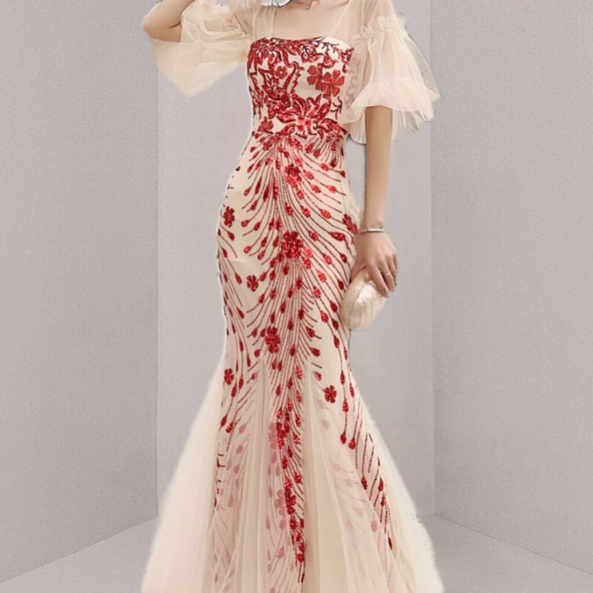 Short-Sleeve Print Mesh Gown Panel Mermaid Evening