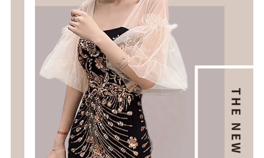 Short-Sleeve Print Mesh Gown Panel Mermaid Evening