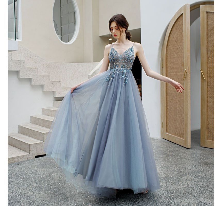 A-Line Rhinestone Evening Gown Floral Spaghetti Strap