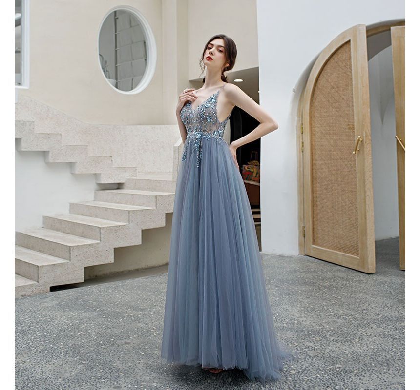 A-Line Rhinestone Evening Gown Floral Spaghetti Strap
