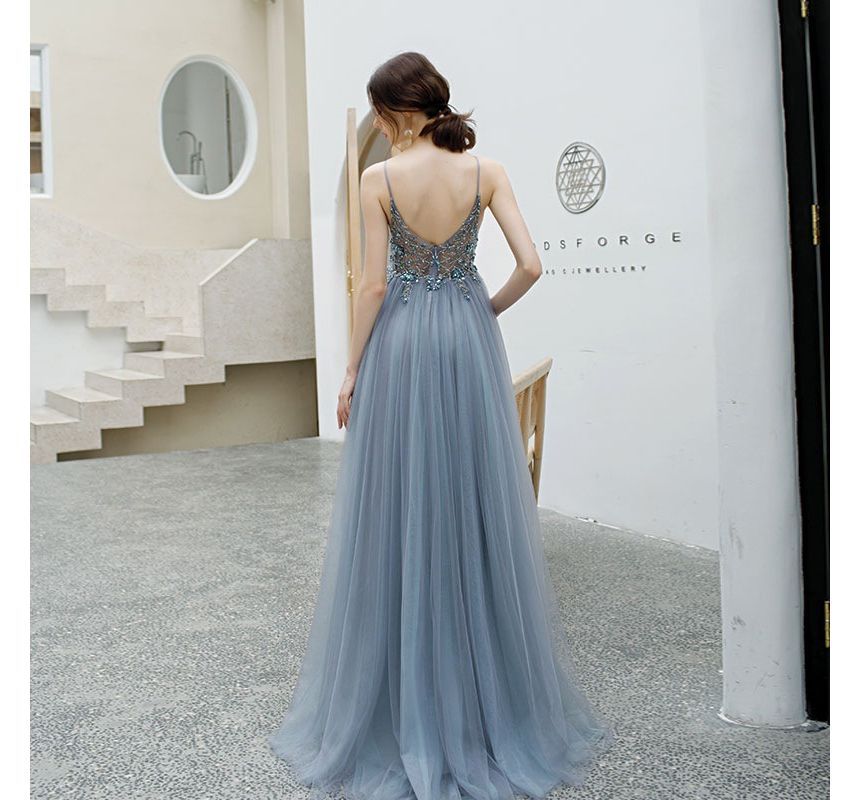 A-Line Rhinestone Evening Gown Floral Spaghetti Strap