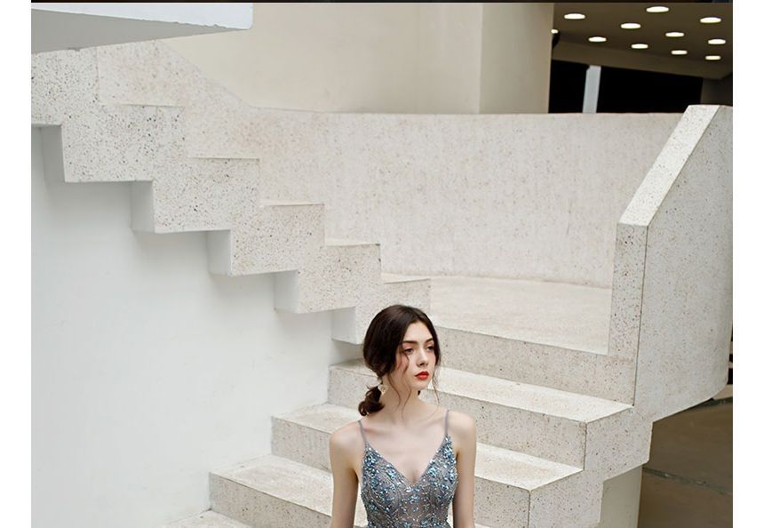 A-Line Rhinestone Evening Gown Floral Spaghetti Strap