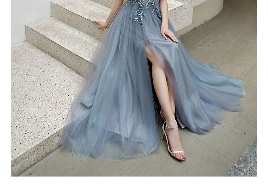 A-Line Rhinestone Evening Gown Floral Spaghetti Strap