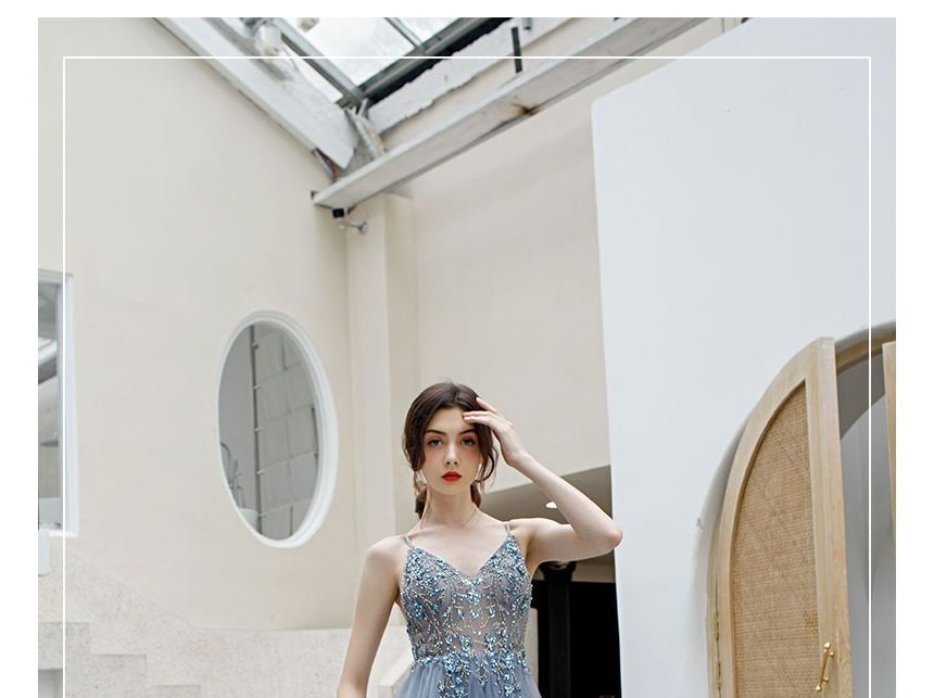 A-Line Rhinestone Evening Gown Floral Spaghetti Strap