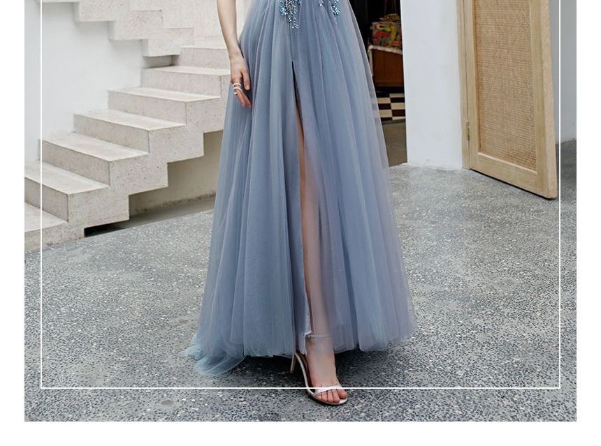 A-Line Rhinestone Evening Gown Floral Spaghetti Strap