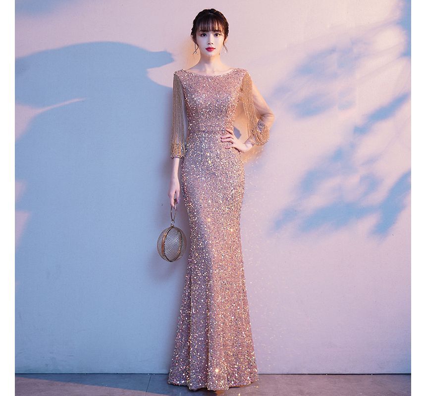 Evening Mermaid Puff-Sleeve Gown Sequined Rhinestone