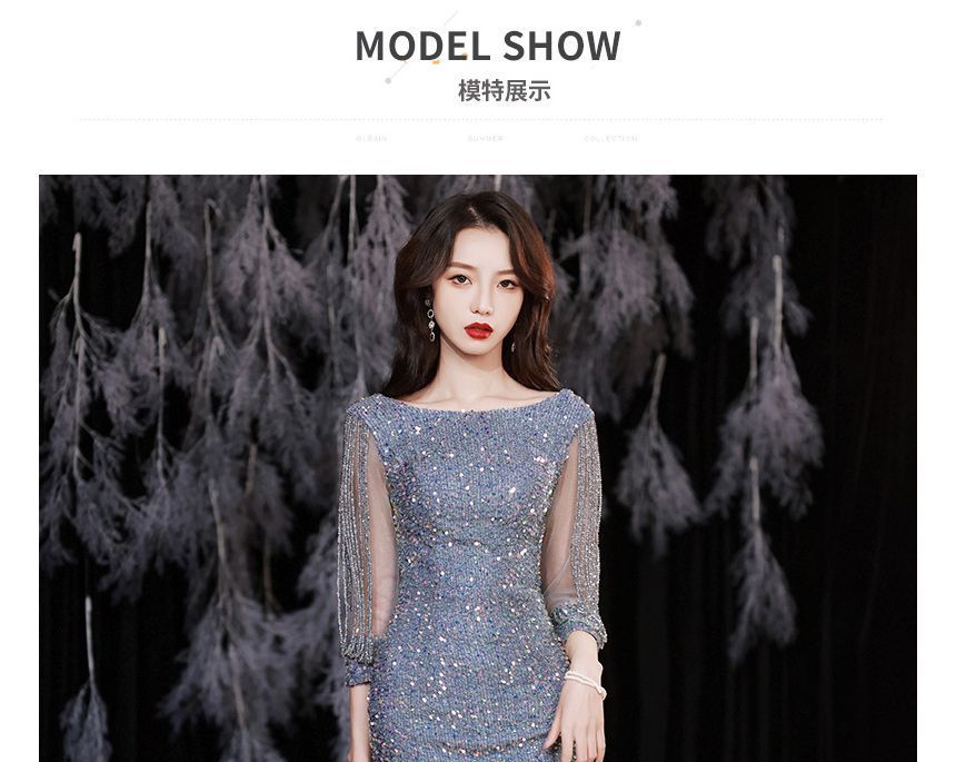 Evening Mermaid Puff-Sleeve Gown Sequined Rhinestone