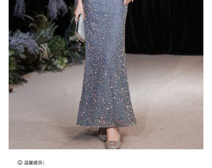 Evening Mermaid Puff-Sleeve Gown Sequined Rhinestone