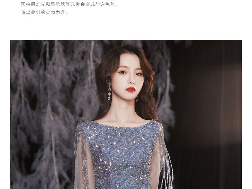 Evening Mermaid Puff-Sleeve Gown Sequined Rhinestone