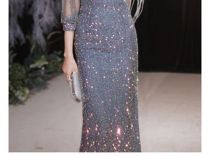 Evening Mermaid Puff-Sleeve Gown Sequined Rhinestone