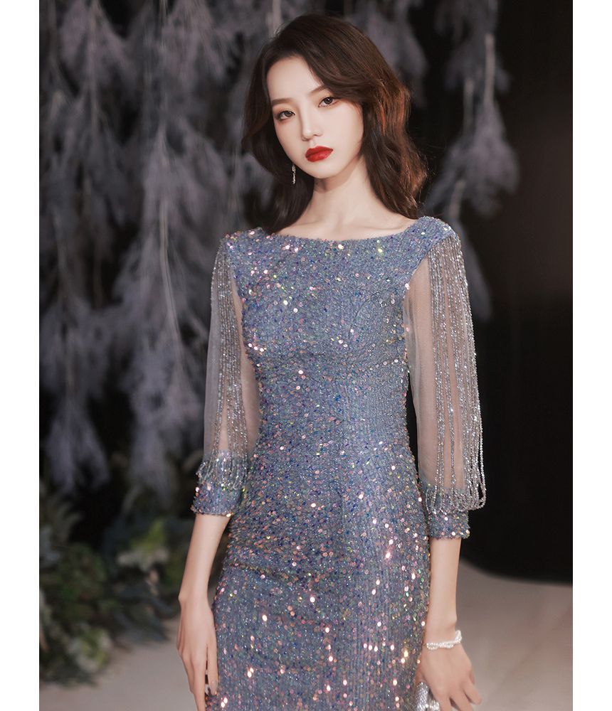 Evening Mermaid Puff-Sleeve Gown Sequined Rhinestone