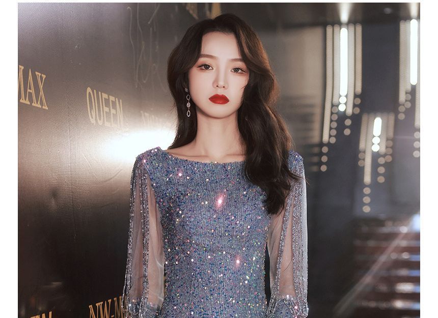 Evening Mermaid Puff-Sleeve Gown Sequined Rhinestone