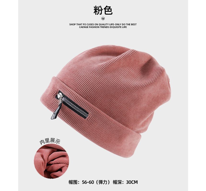 Detail Beanie Ribbed Zip