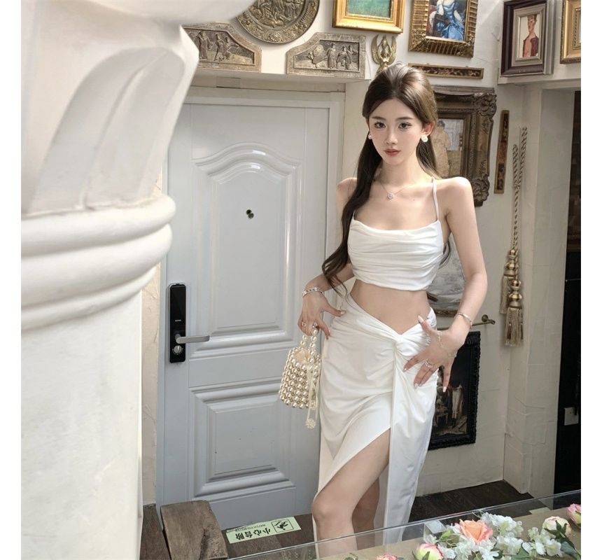 Plain A-Line + Camisole Crop Slit Skirt Waist Top High Twist Set: Ruched High-Low