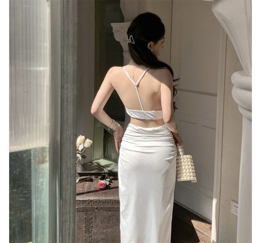 Plain A-Line + Camisole Crop Slit Skirt Waist Top High Twist Set: Ruched High-Low