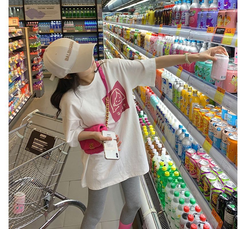 T-Shirt Crew Elbow-Sleeve Print Neck Cartoon