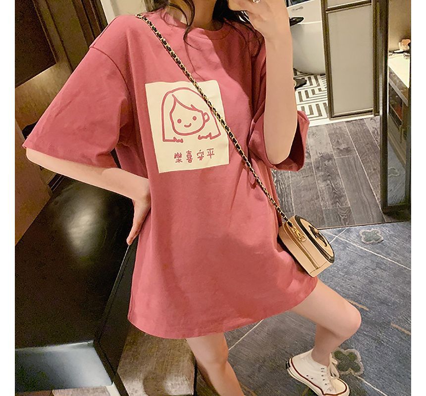 T-Shirt Crew Elbow-Sleeve Print Neck Cartoon