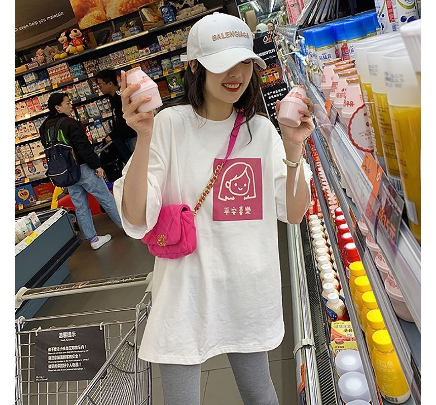 T-Shirt Crew Elbow-Sleeve Print Neck Cartoon