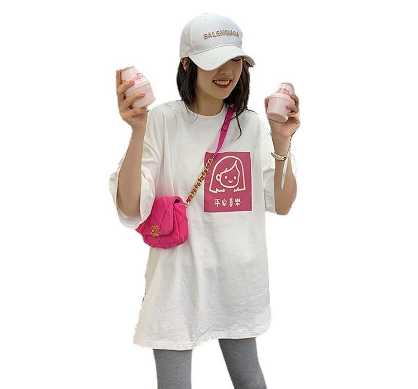 T-Shirt Crew Elbow-Sleeve Print Neck Cartoon