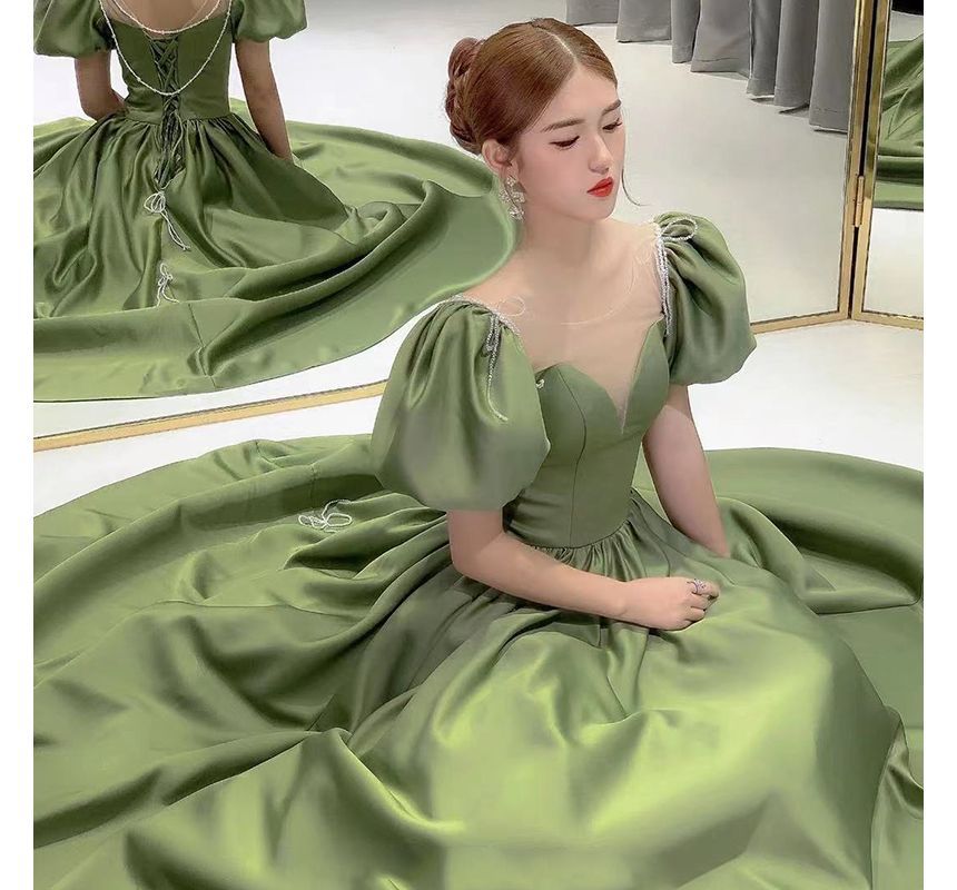 Sleeve Neck Scoop Mesh Evening Gown A-Line Satin Puff Panel Beaded Faux Pearl