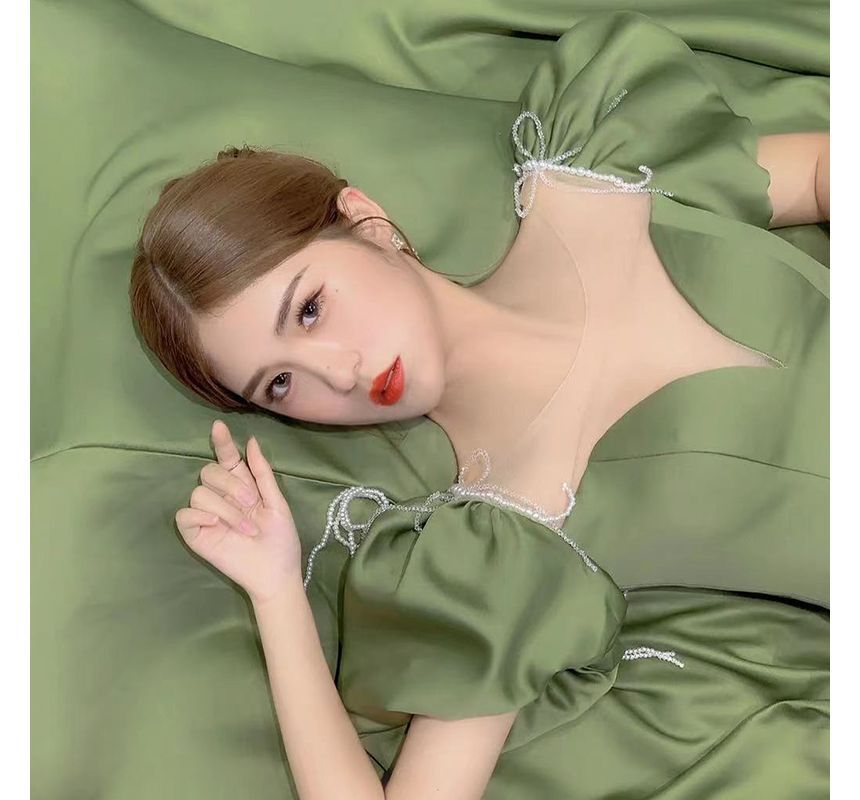 Sleeve Neck Scoop Mesh Evening Gown A-Line Satin Puff Panel Beaded Faux Pearl