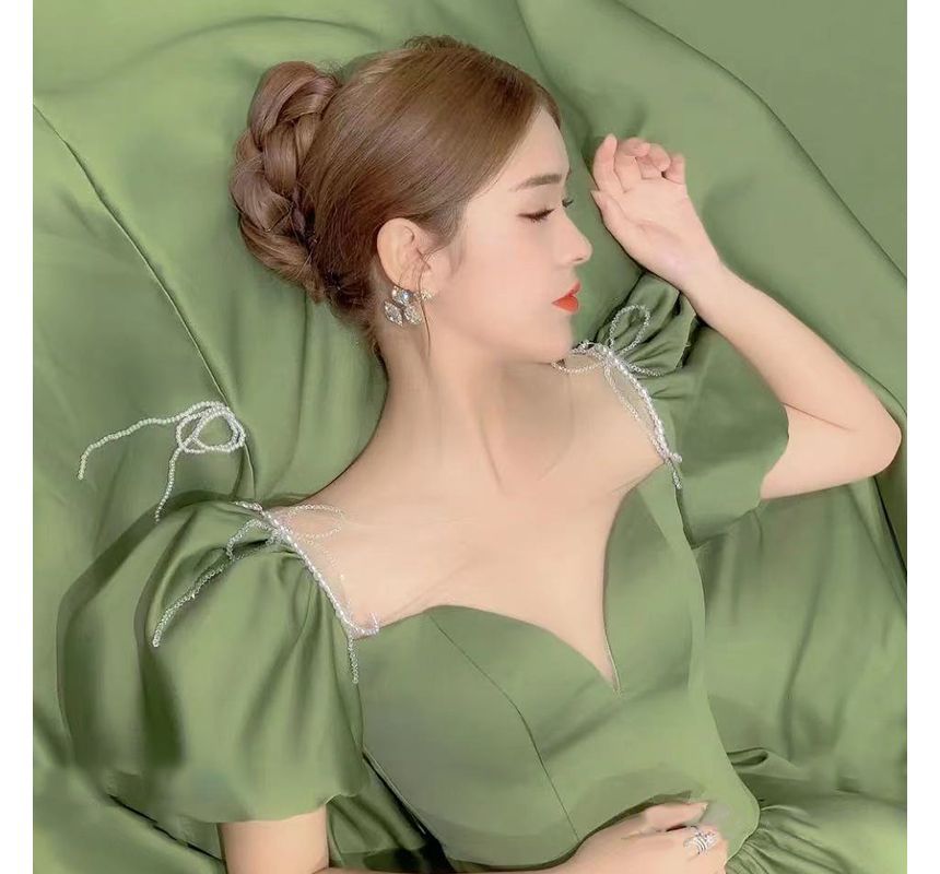 Sleeve Neck Scoop Mesh Evening Gown A-Line Satin Puff Panel Beaded Faux Pearl