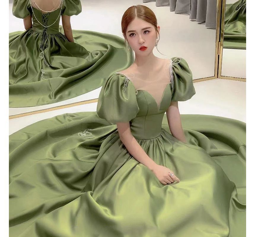 Sleeve Neck Scoop Mesh Evening Gown A-Line Satin Puff Panel Beaded Faux Pearl