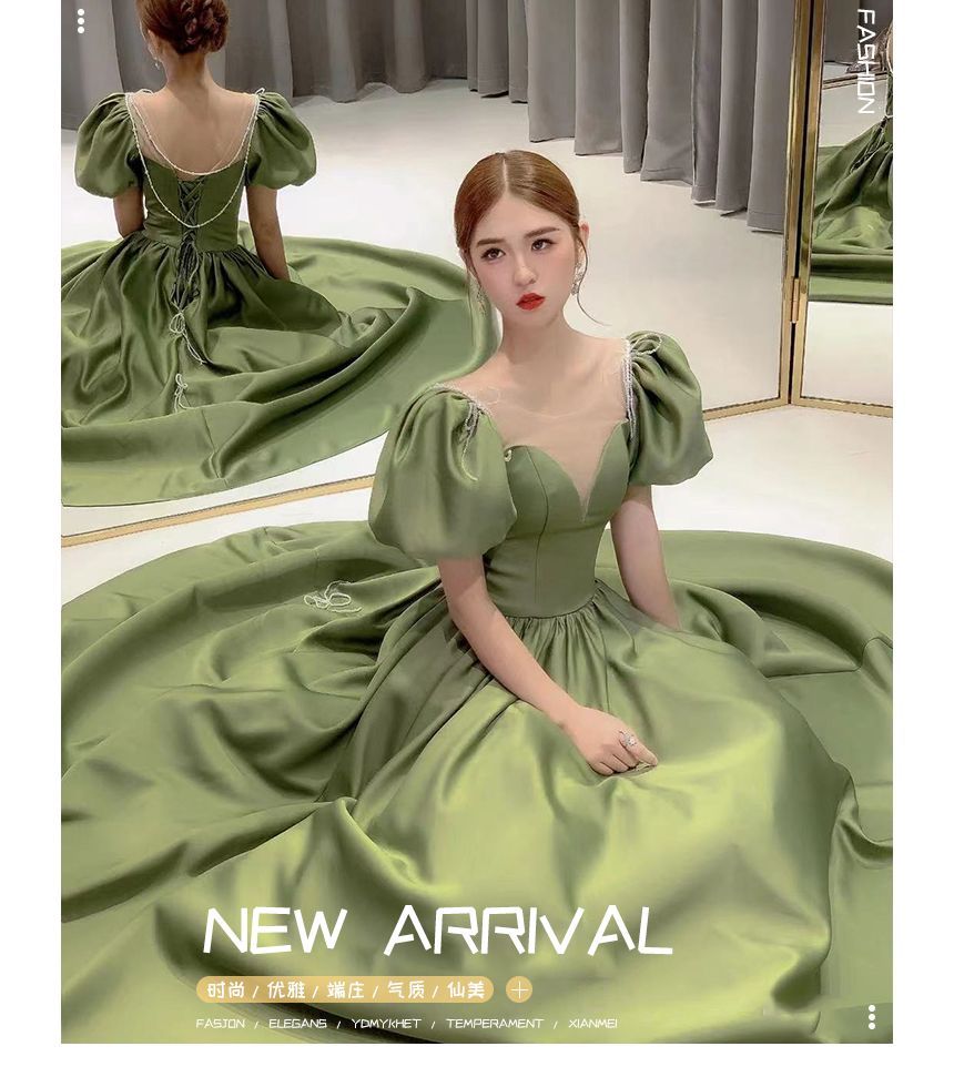 Sleeve Neck Scoop Mesh Evening Gown A-Line Satin Puff Panel Beaded Faux Pearl