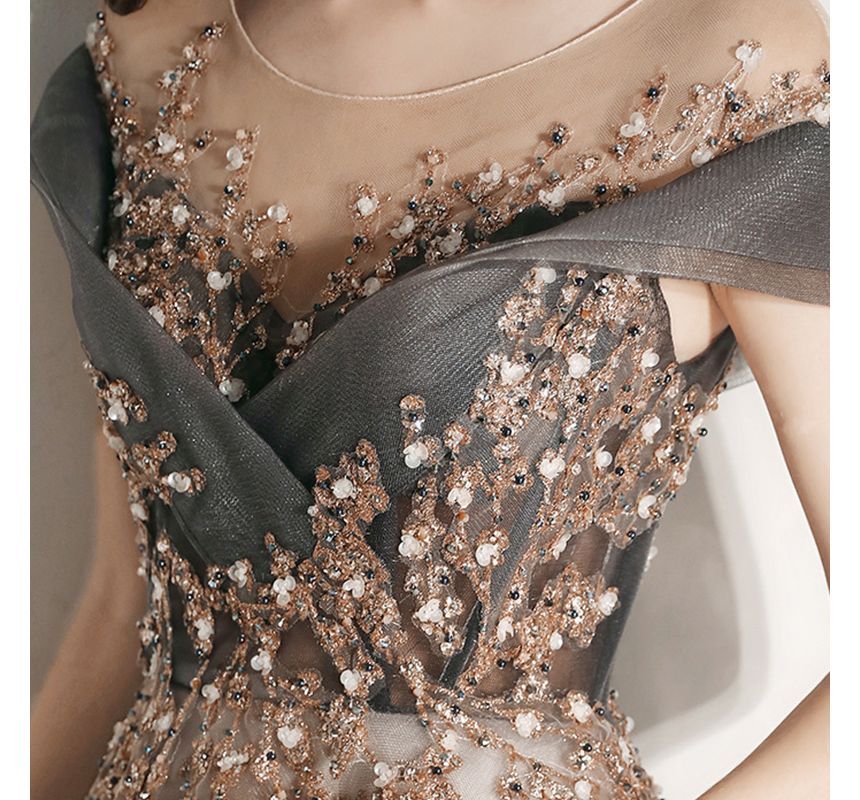 A-Line Mesh Gown Cap Scoop Beaded Sleeve Evening Neck Panel