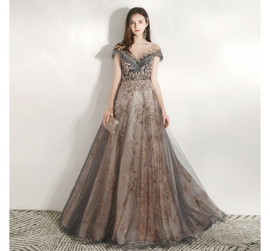 A-Line Mesh Gown Cap Scoop Beaded Sleeve Evening Neck Panel