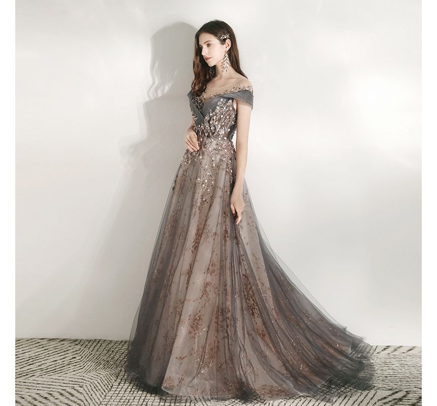 A-Line Mesh Gown Cap Scoop Beaded Sleeve Evening Neck Panel