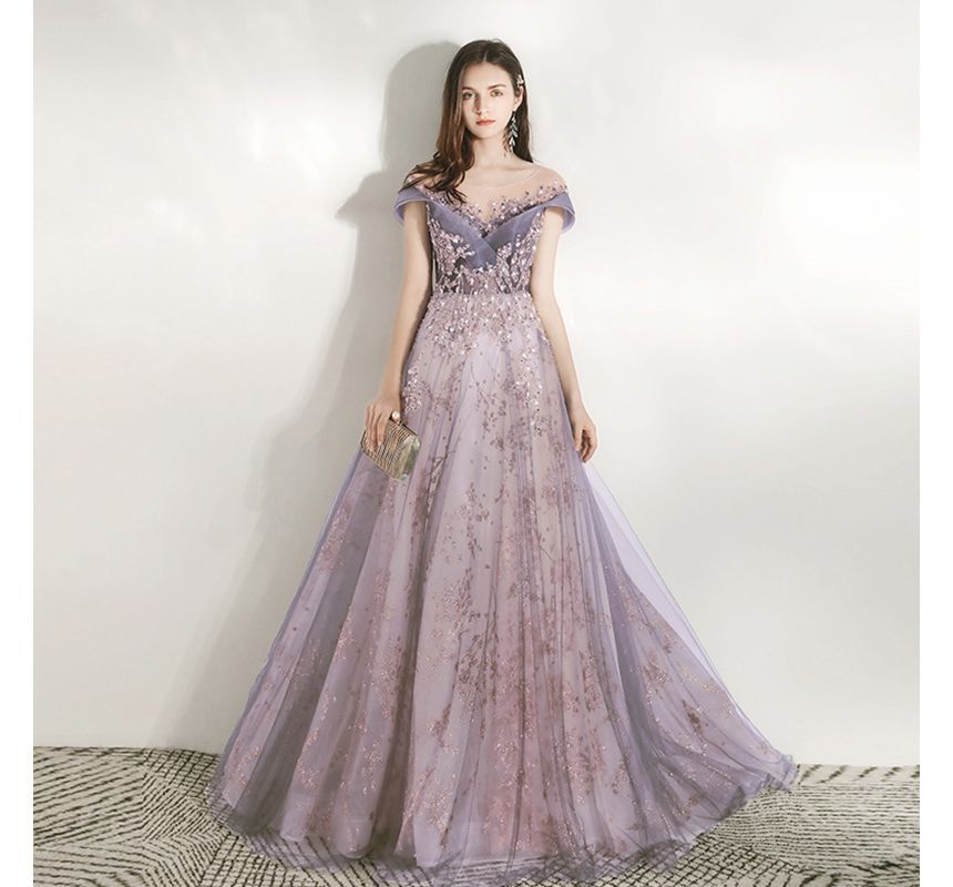 A-Line Mesh Gown Cap Scoop Beaded Sleeve Evening Neck Panel