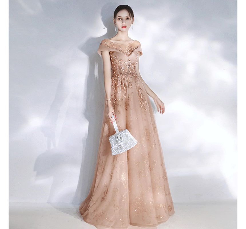 A-Line Mesh Gown Cap Scoop Beaded Sleeve Evening Neck Panel