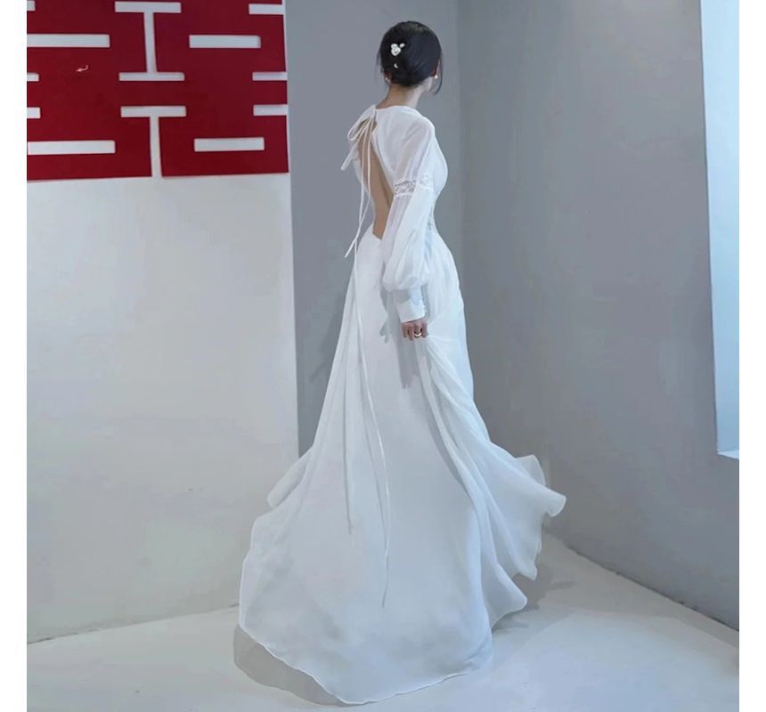 Long-Sleeve V-Neck Plain Ruched Backless Slit Panel Lace Maxi A-Line Cocktail Dress