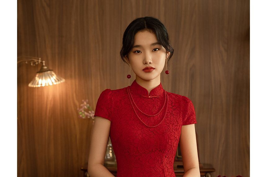 Buttoned Frog Sheath Short-Sleeve Plain Dress Midi