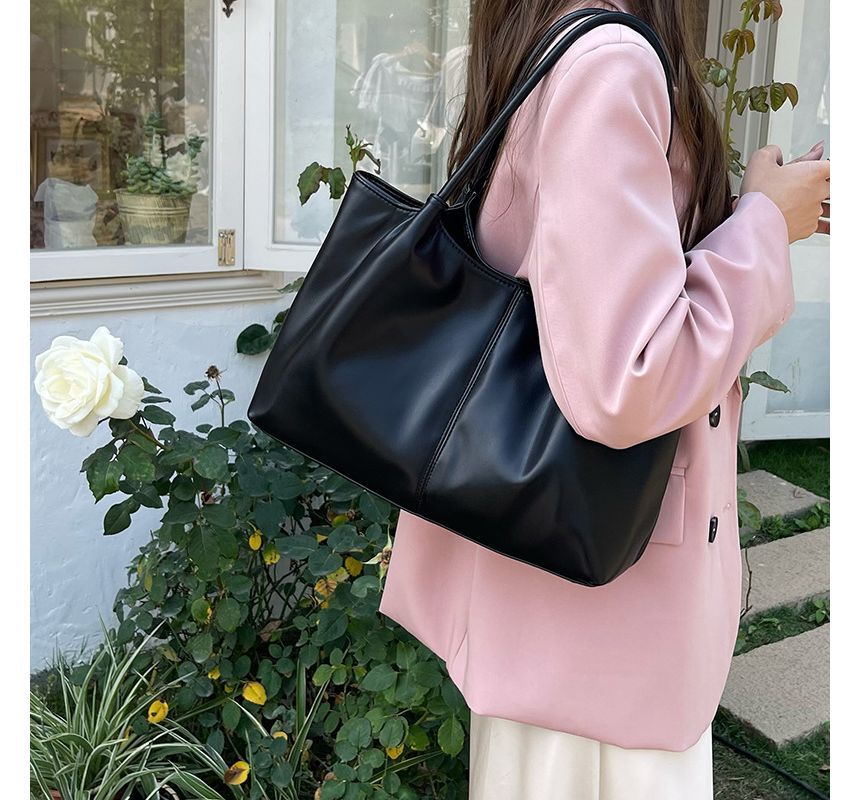 Plain Leather Shoulder Faux Tote