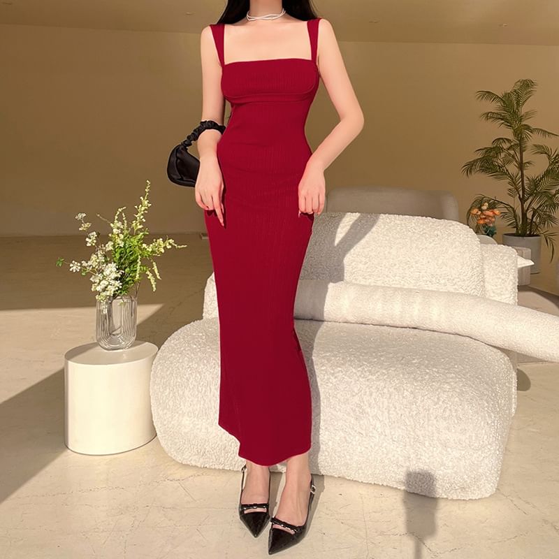 Square Sheath Dress Sleeveless Maxi Plain Neck
