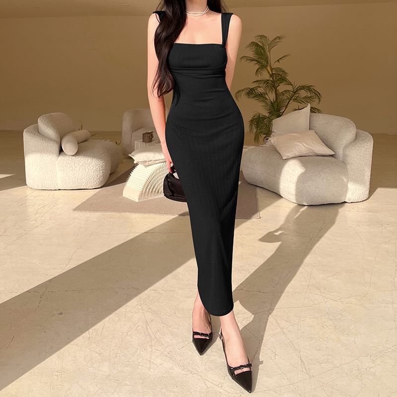 Square Sheath Dress Sleeveless Maxi Plain Neck