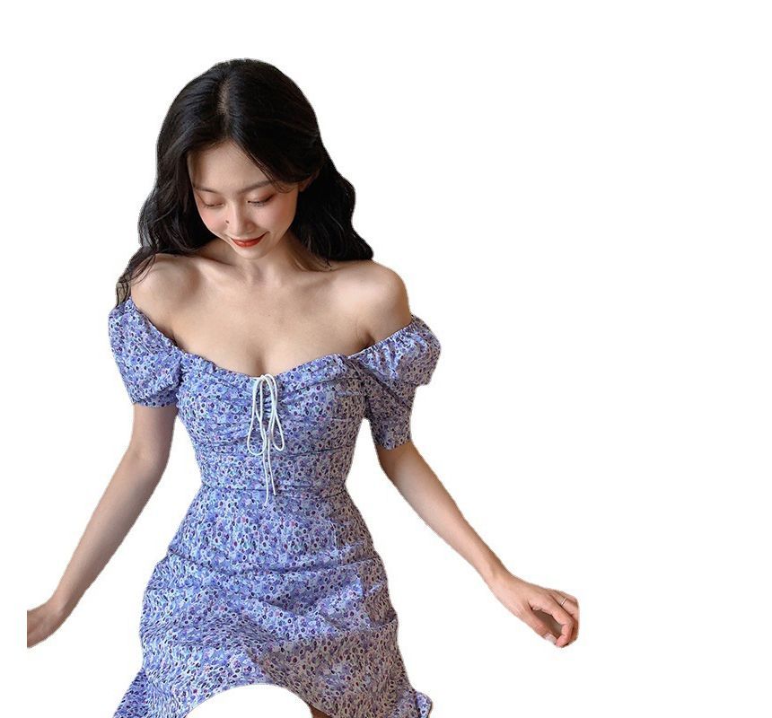 Mini Square Floral Neck Sheath Short-Sleeve Dress