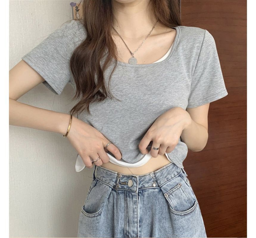 Tee Piece Mock Two Neck Scoop Short-Sleeve