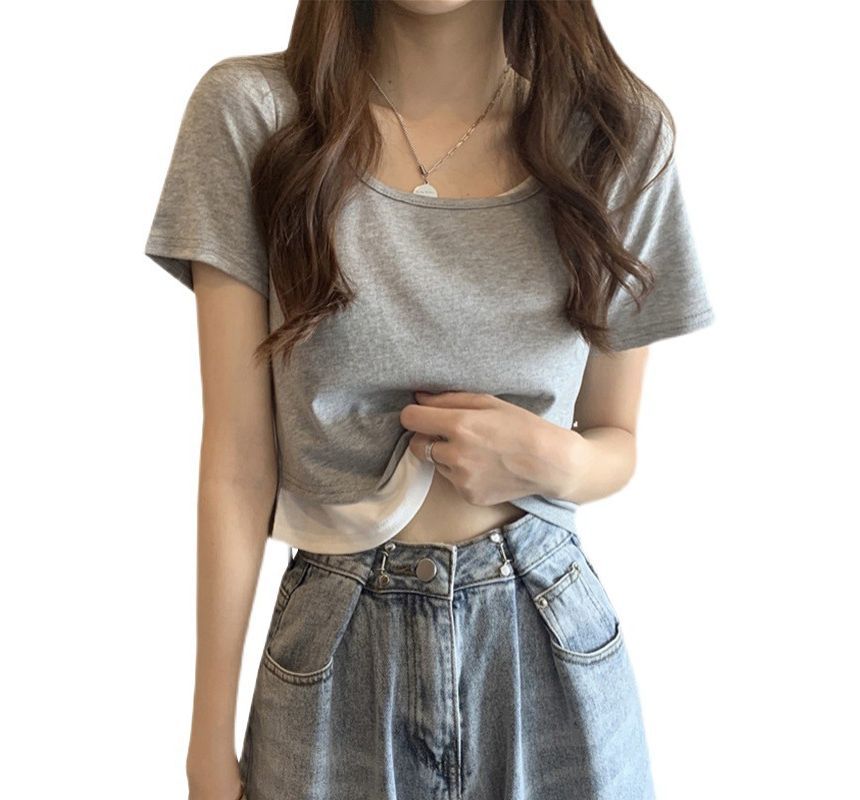 Tee Piece Mock Two Neck Scoop Short-Sleeve