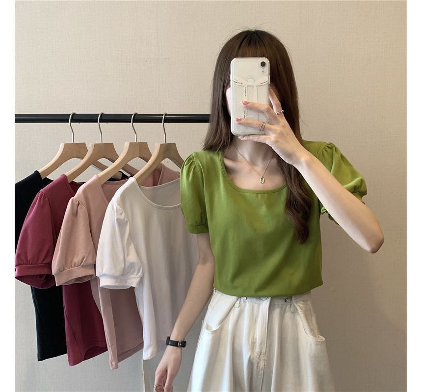 Puff-Sleeve Neck Scoop T-Shirt Plain