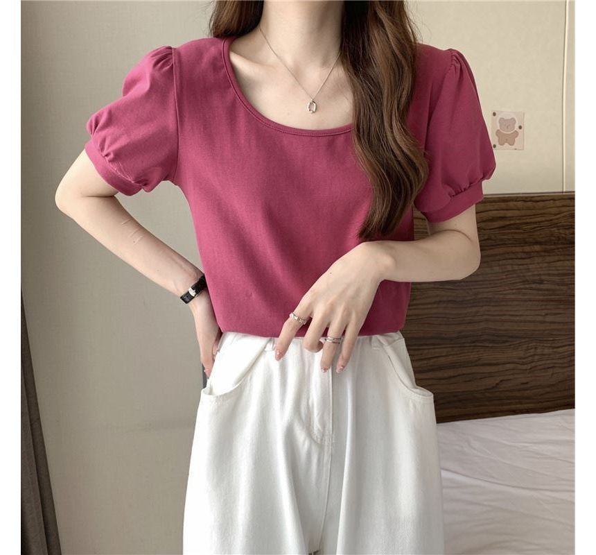 Puff-Sleeve Neck Scoop T-Shirt Plain