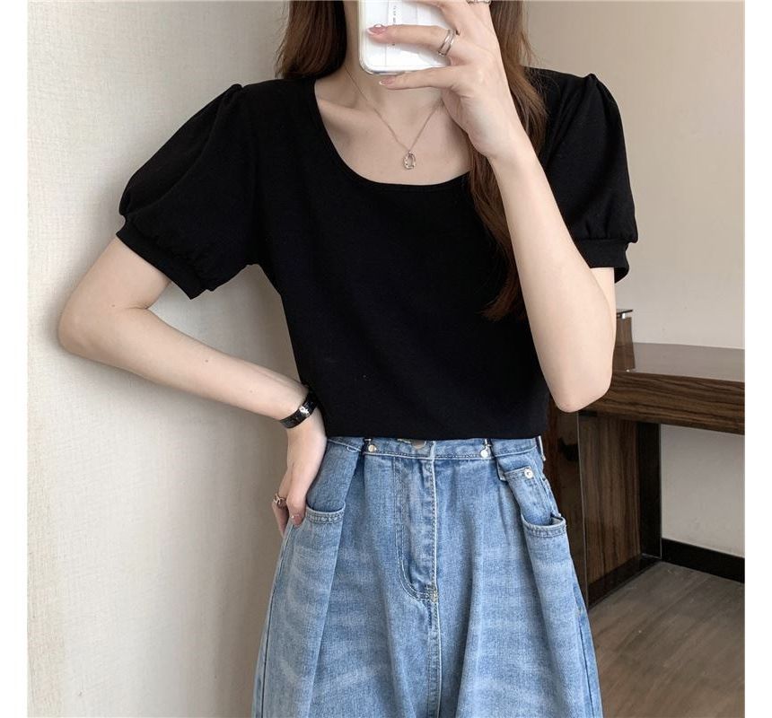 Puff-Sleeve Neck Scoop T-Shirt Plain